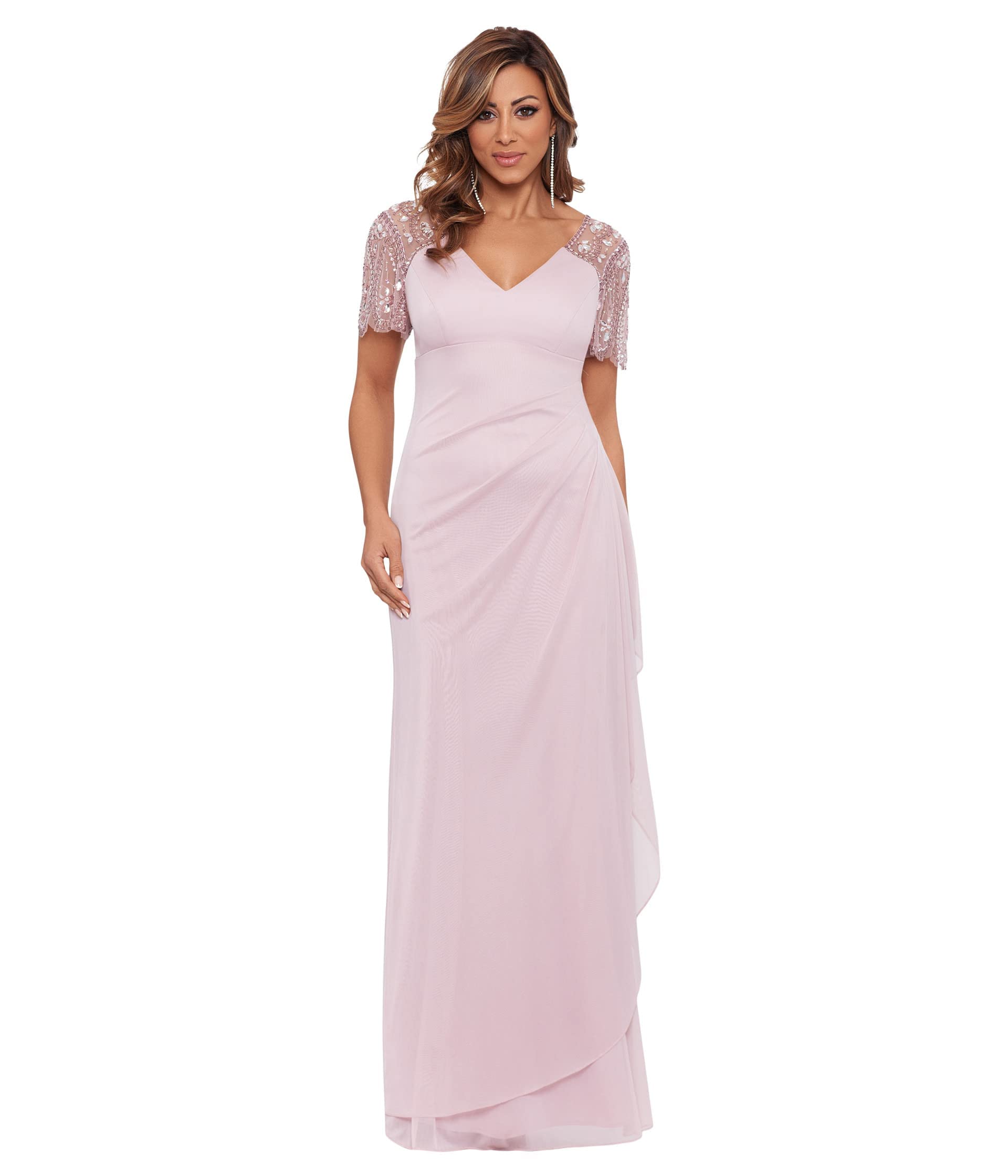 Xscape Floor Length Jersey Knit Evening Gown with V-Neckline, Beaded Flutter Sleeves and Ruched Draping