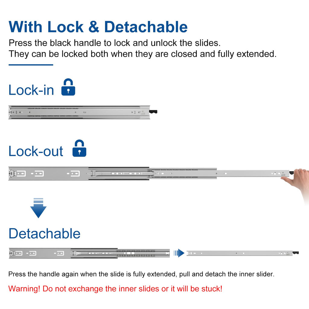 VADANIA 12" Heavy Duty Drawer Slide with Lock #D51, 150lb Load Capacity, 3-Fold Full Extension, Ball Bearing Lock-in & Lock-Out, Side Mount, 1-Pair