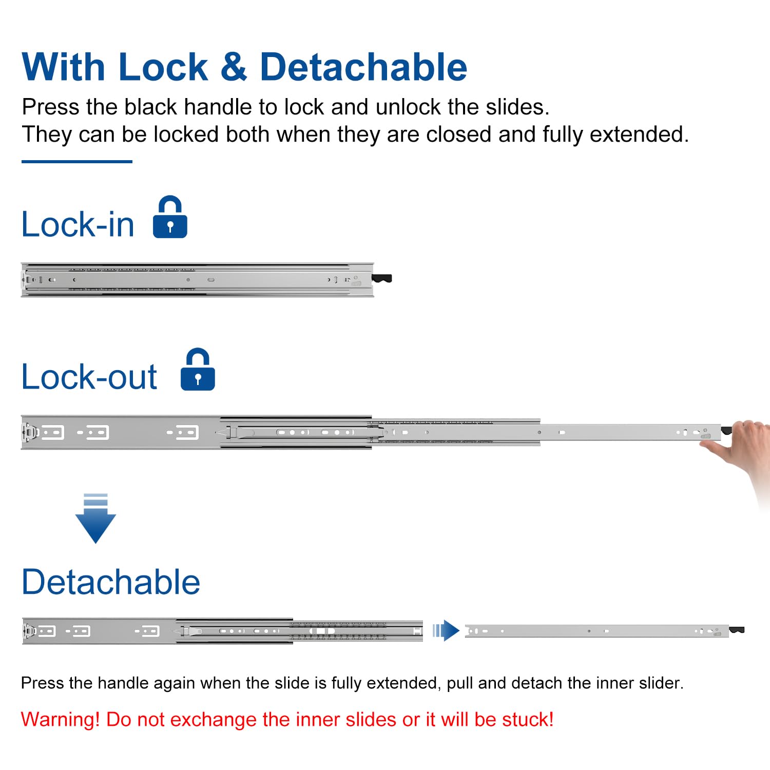 VADANIA 12" Heavy Duty Drawer Slide with Lock #D51, 150lb Load Capacity, 3-Fold Full Extension, Ball Bearing Lock-in & Lock-Out, Side Mount, 1-Pair