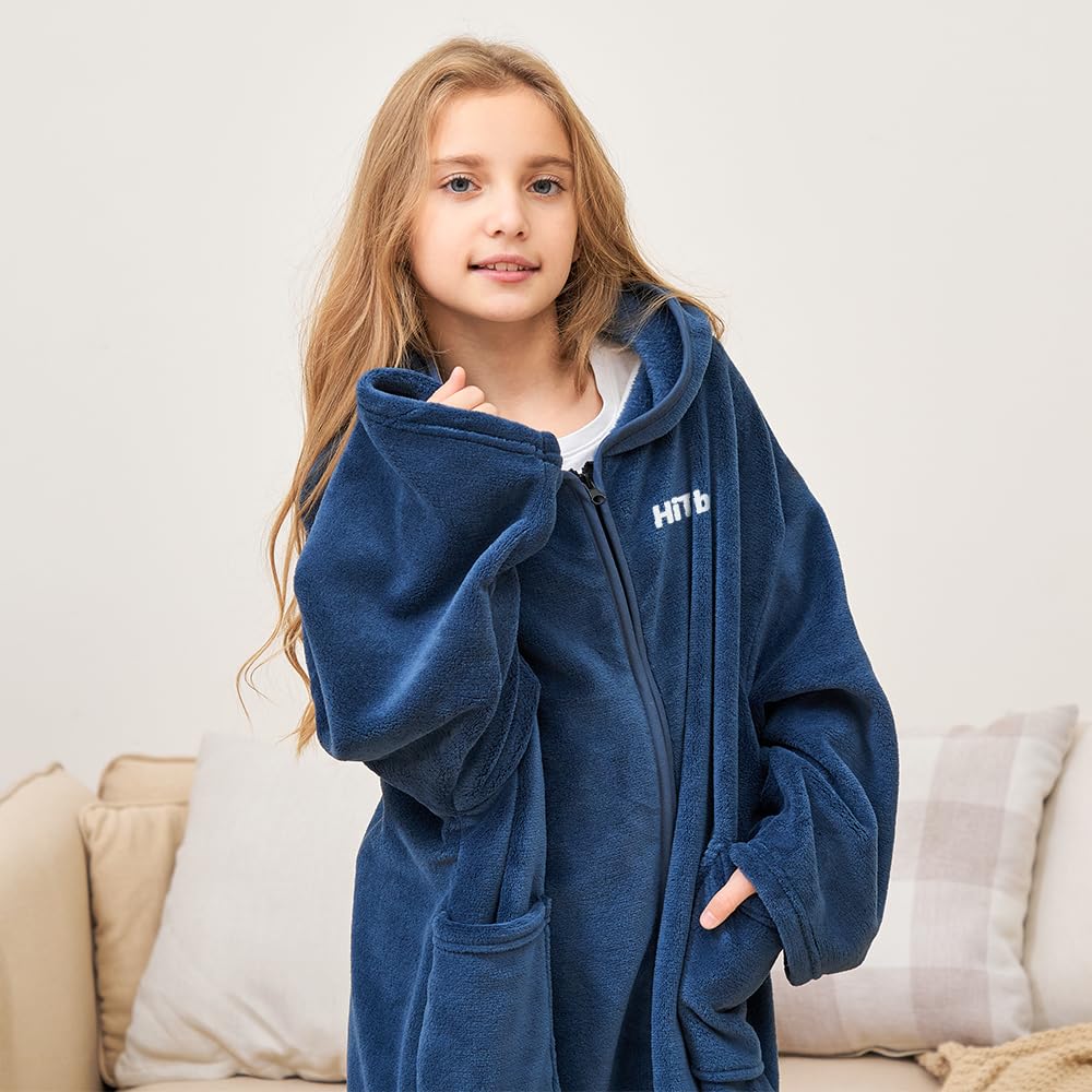 Hiturbo Kids Bath Towel Hoodie: Soft Plush Zipper Surf Poncho - Warm Fleece Changing Towels Swimming Outerwear (Blue)