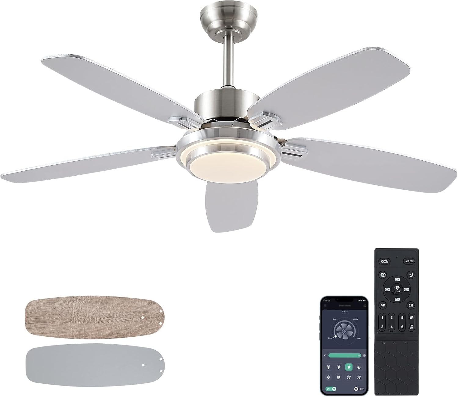 Hounberi Ceiling Fans with Lights,50“ Modern Nickel Ceiling Fan and Remote/APP Control,5 Dual Finish Blades Dimmable 3-Color LED Fandelier for Indoor Dinning room,Bedroom