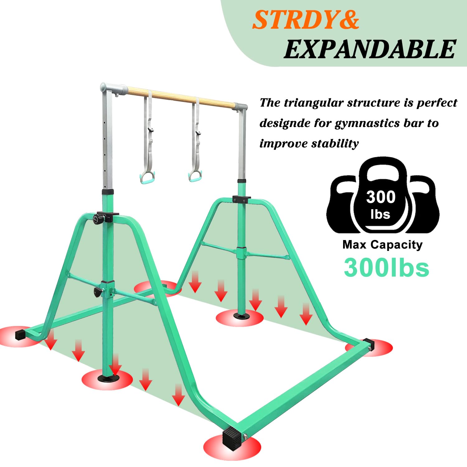 Foldable & Moveable Gymnastics Horizontal Bar with Rings,3’to 5’Adjustable Height Expandable Junior Kip Bar for Home,Indoor Gym Equipment for Kids