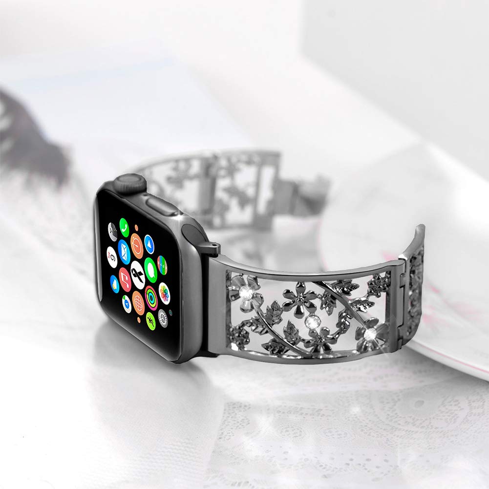 Floral Band Compatible with Apple Watch Jewelry Band 38mm 40mm 41mm 42mm iWatch Bands Series 11 10 9 8 7 6,Bling Crystal Bracelet Hollow Metal Strap,Fashion Women Wristband(38/40/41/42mm,Black)