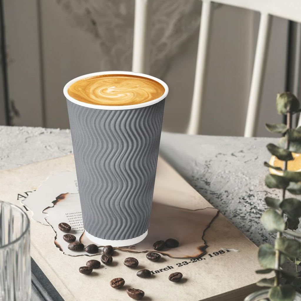 BYSNOW 100 Pack 10 oz Coffee Cups with Lids, Disposable Insulated Hot Cups To Go Paper Coffee Cups, Corrugated Ripple Wall Cup for Hot Drink, Office, Coffee Bar (Grey 10 oz)