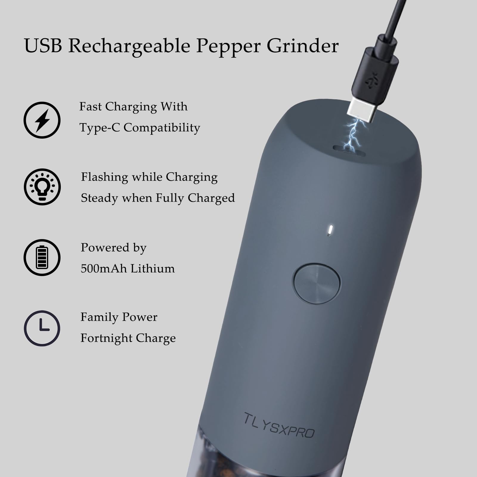 Electric Salt and Pepper Grinder Set, USB Rechargeable, Automatic Salt and Pepper Mill Grinder with Adjustable Coarseness, Electric Salt Shakers, LED Light, Refillable (2 Packs, Black)