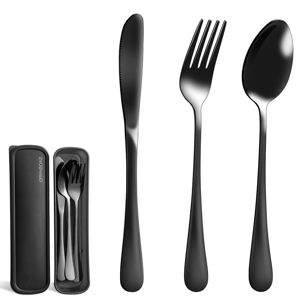SAOSHYPEI 4-Piece Portable Utensils Set with Travel Case, Reusable Food-Grade Stainless Steel Silverware (Knife, Fork, Spoon), Dishwasher Safe Flatware for Camping, Work Lunch & Picnic, Black
