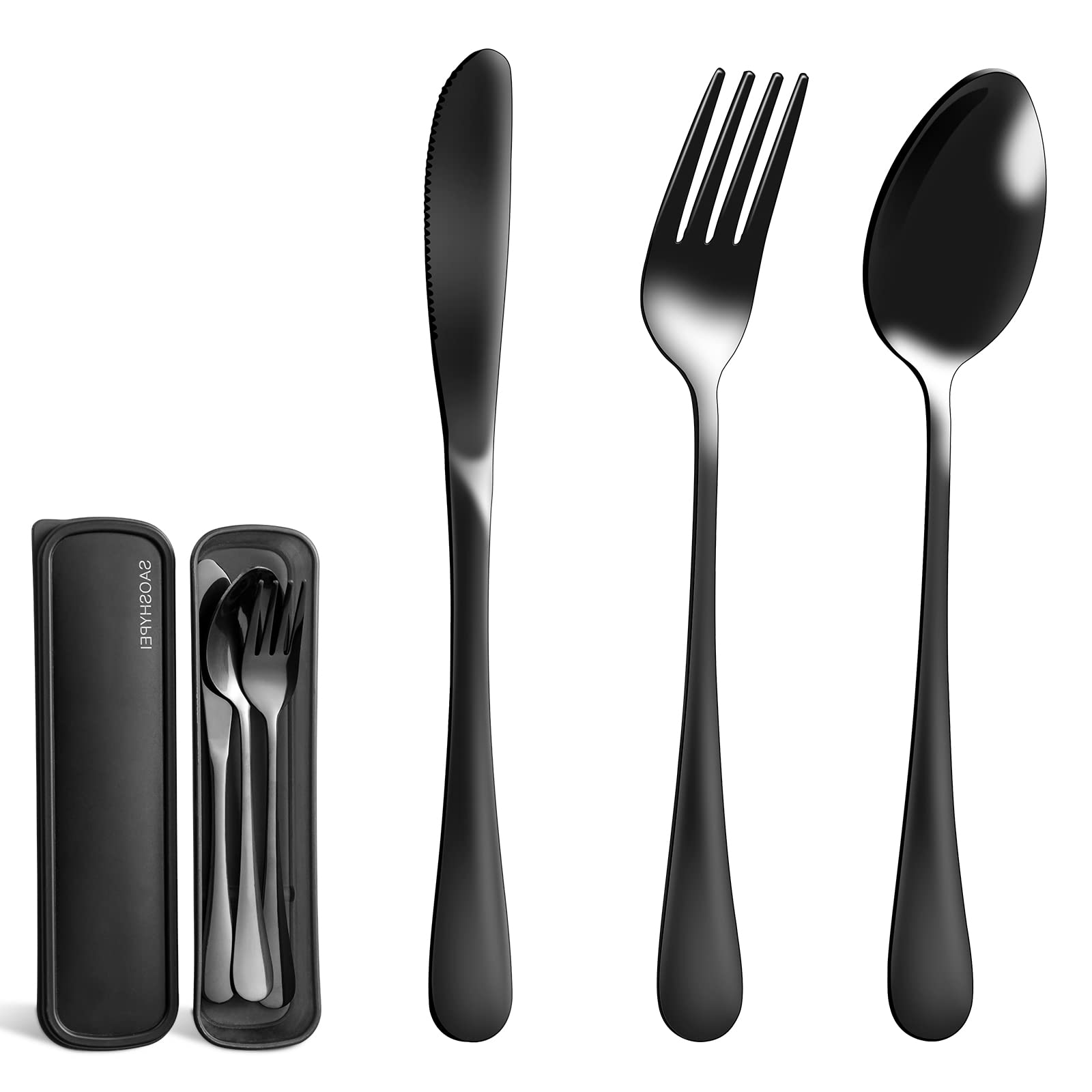 SAOSHYPEI 4-Piece Portable Utensils Set with Travel Case, Reusable Food-Grade Stainless Steel Silverware (Knife, Fork, Spoon), Dishwasher Safe Flatware for Camping, Work Lunch & Picnic, Black