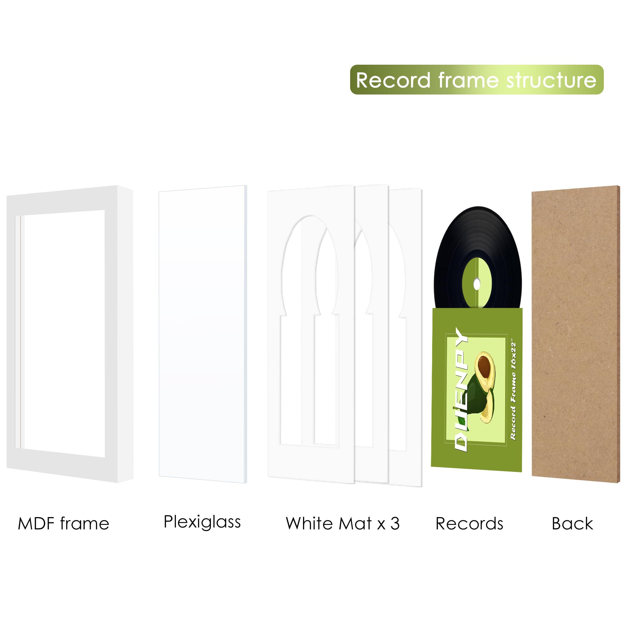 DUENPY Vinyl Record Display Frame 16x22 Inches Display Record Album and 12.5x12.5 Album Cover Art（Black Bottom Mat） Wall Mount