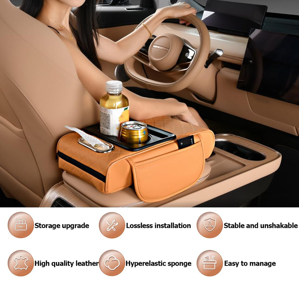 Car Armrest Cushion,5-in-1 Center Console Cover with 2 Storage Bags Cup Holder, Tissue Box Slot, Phone Slot for Sedans, Car Accessories Interior Organizers (Beige)