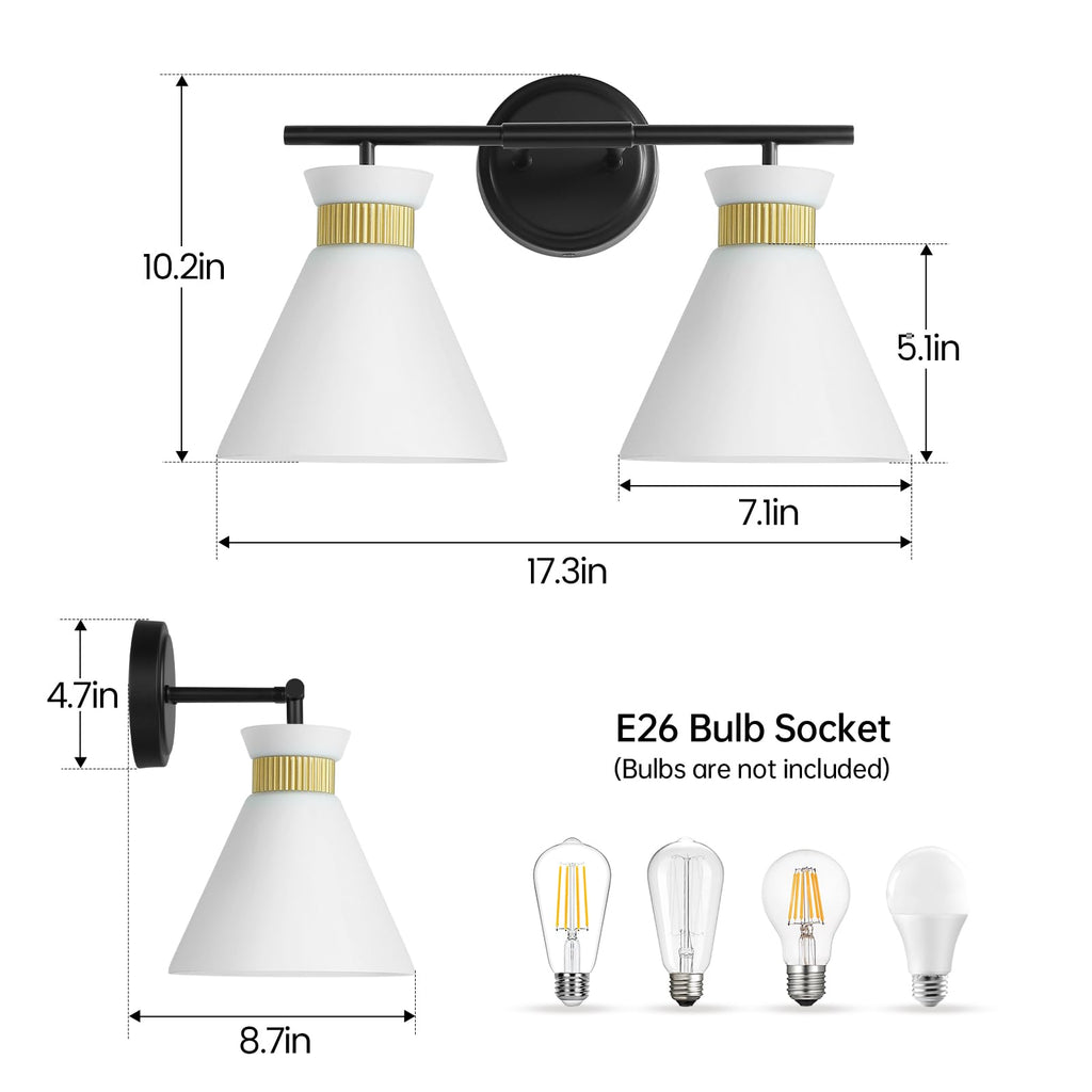 WOSHITU Gold Bathroom Light Fixtures: Modern Vanity Lighting Fixtures 2 Lights for Bathroom Mid Century Vanity Light Sconces Over Mirror with Frosted Milky Glass for Bath Bedroom Makeup