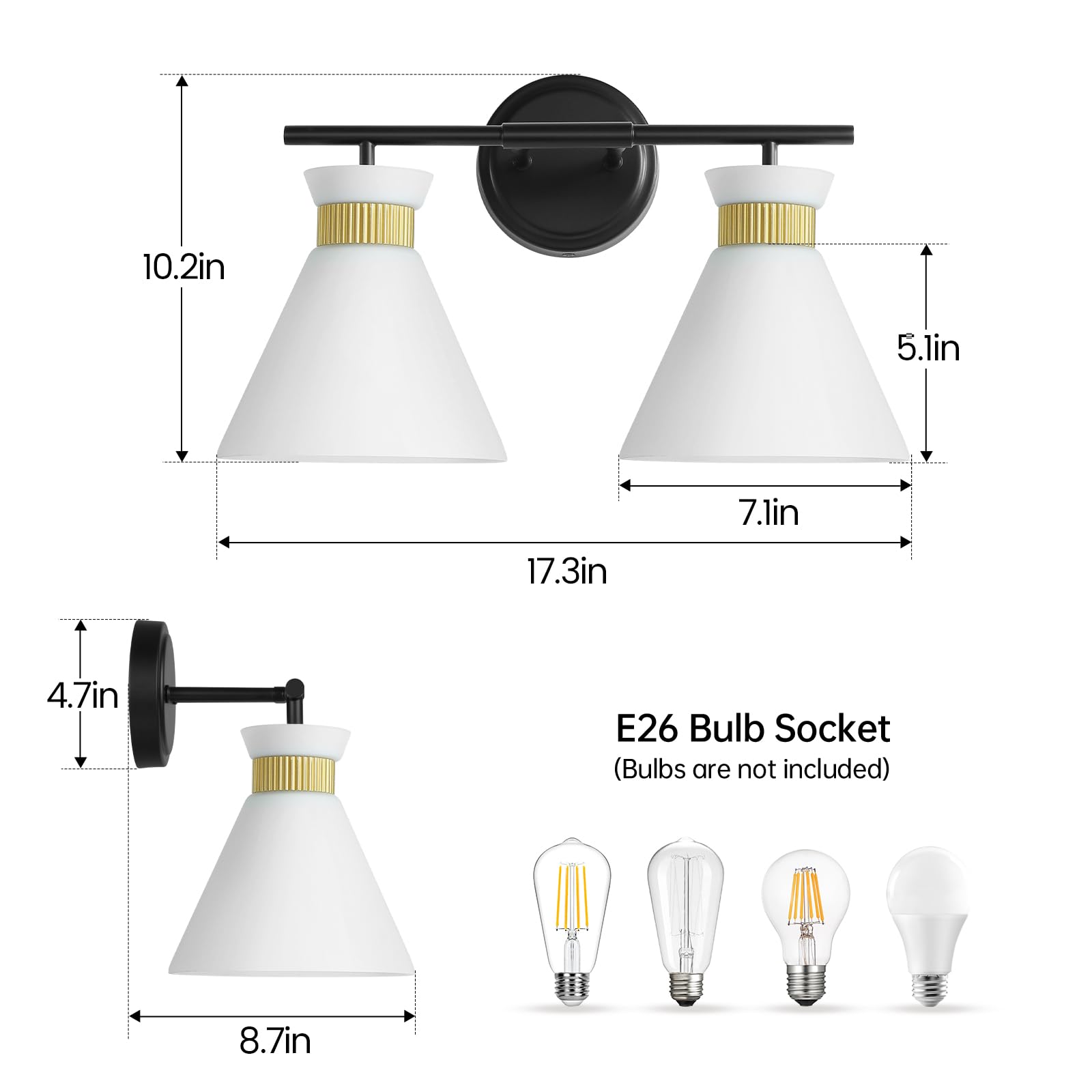 WOSHITU Gold Bathroom Light Fixtures: Modern Vanity Lighting Fixtures 2 Lights for Bathroom Mid Century Vanity Light Sconces Over Mirror with Frosted Milky Glass for Bath Bedroom Makeup