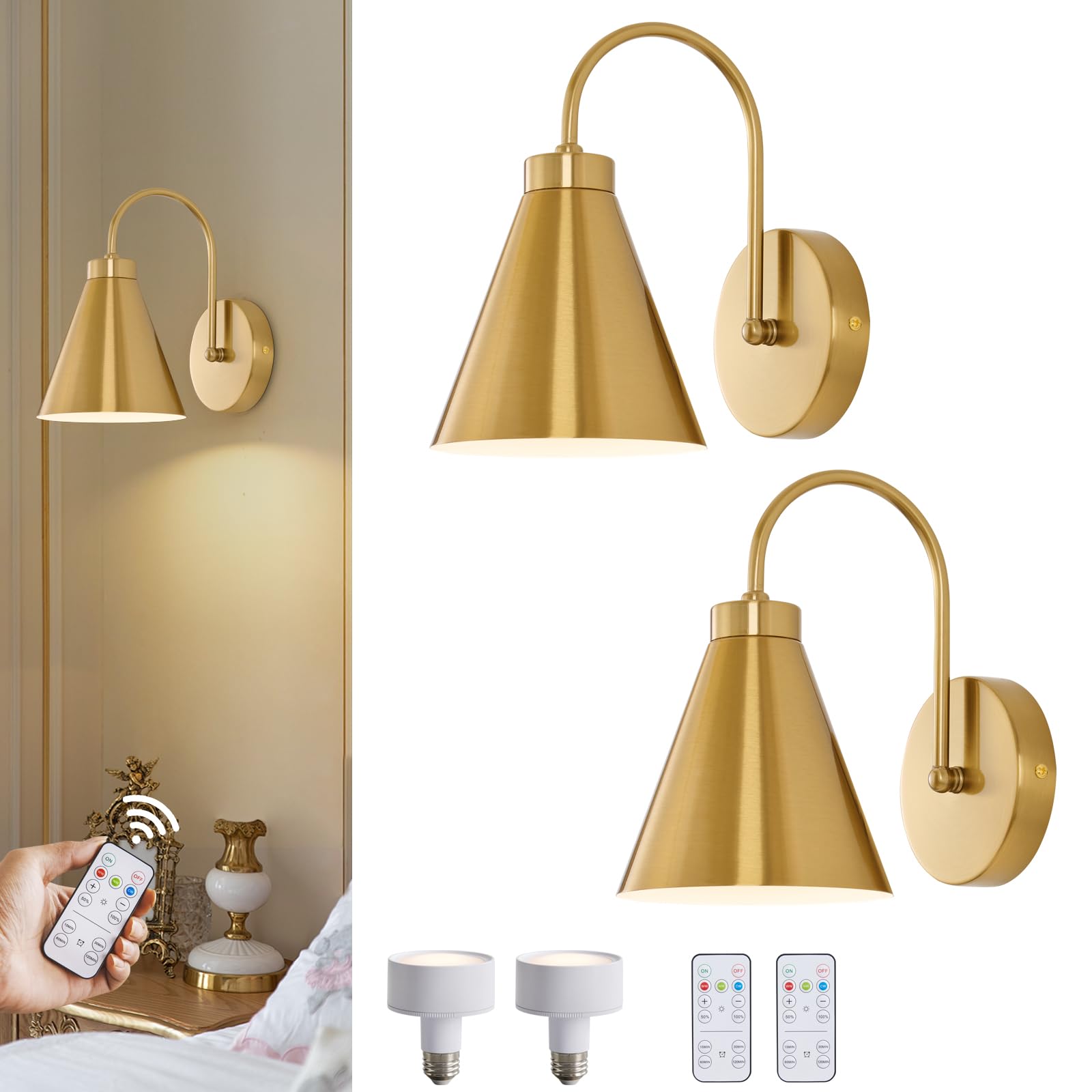 Powfloven Vintage Rechargeable Wall Sconces Set of 2, Battery Operated Bedside Wall Lamps with Remote Control, Wireless Gooseneck Indoor LED Lights Fixture for Bedroom Hallway, Black