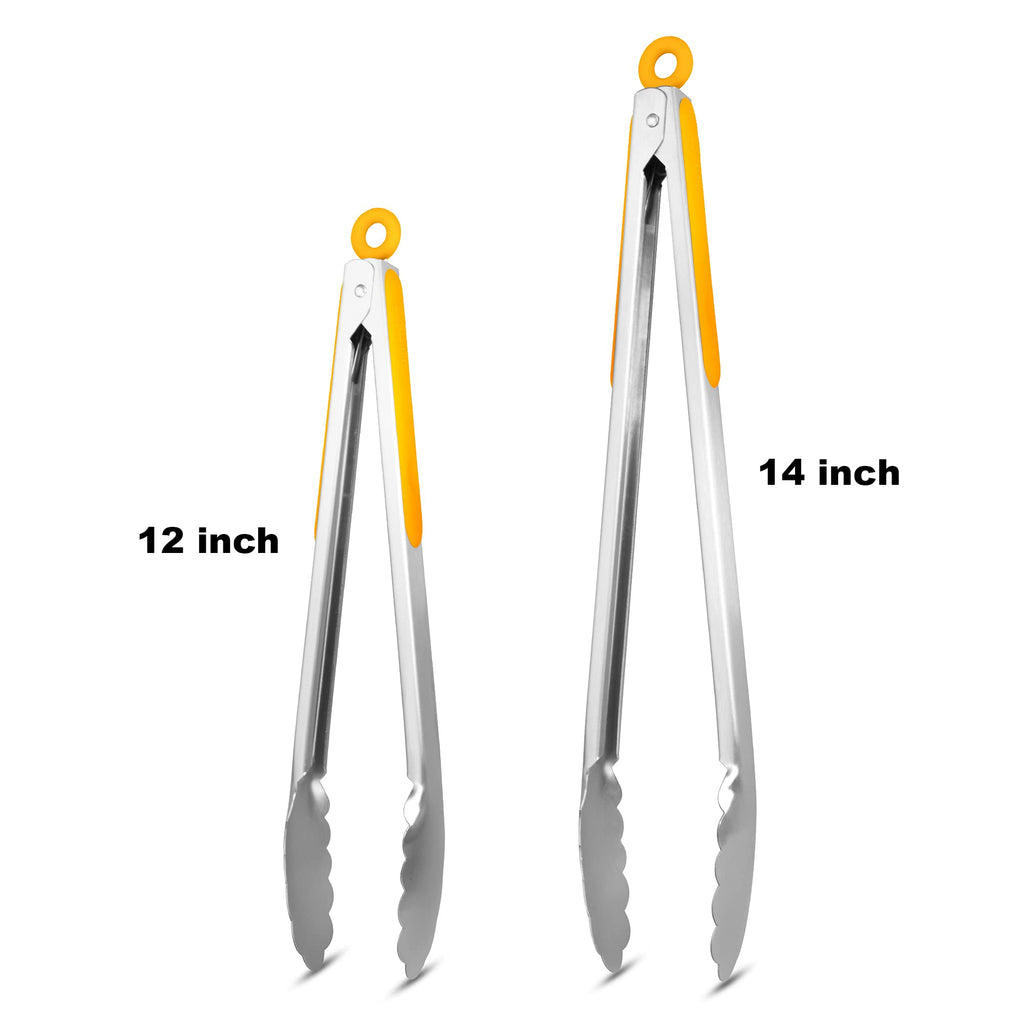 304 Stainless Steel Kitchen Cooking Tongs, 9" and 12" Set of 2 Sturdy Grilling Barbeque Brushed Locking Food Tongs with Ergonomic Grip, Black