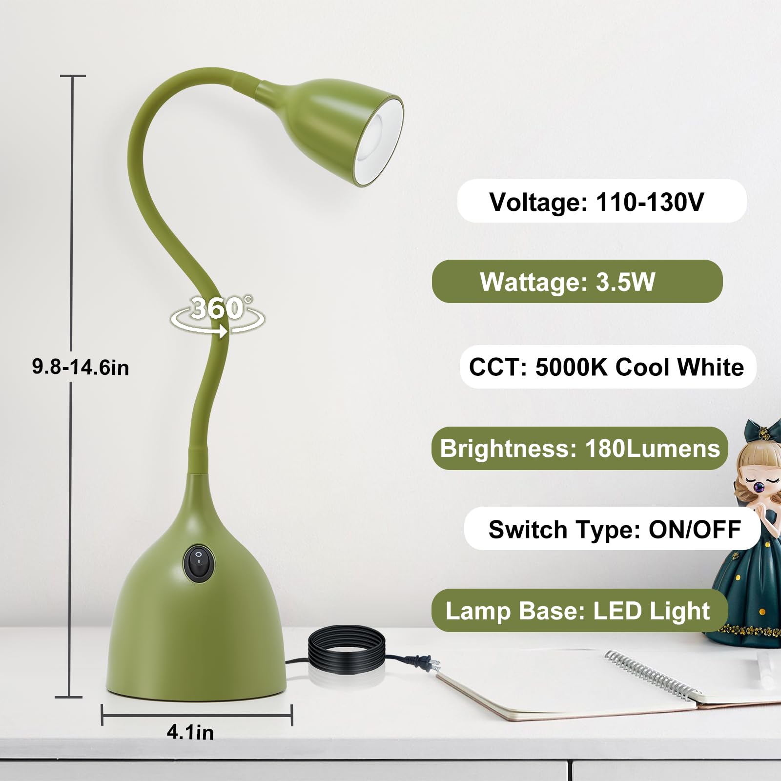 EJIAXIN Gooseneck Desk Lamp 360° LED Flexible Reading Light Small Desk Lamps for Small Spaces Home Office Bedroom College Dorm Desk Bookshelf Nightstand Table Lamp (Purple)