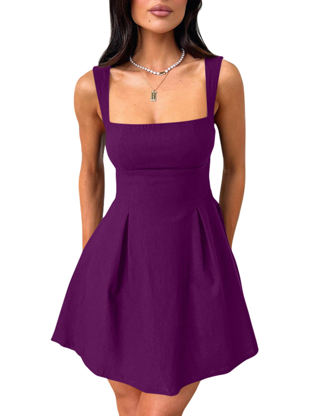 YMDUCH Women's Sexy Sleeveless Square Neck Adjustable Straps Bow Tie A-line Mini Party Club Dress