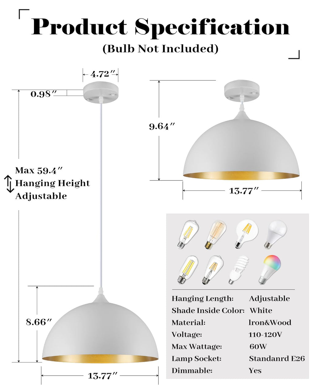 White Pendant Lights, 11.8 inch Pendant Lights Kitchen Island, Farmhouse Pendant Light Fixtures (White Inside), Industrial Pendant Lighting for Dining Room, Bedroom, Hallway (1 Pack)