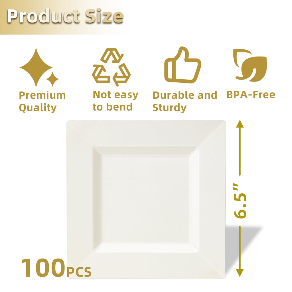 100 Pack Black Plastic Square Dessert Plates, 6.5" Disposable Salad Plates Heavy Duty Plates for Party, Wedding, Christmas, Easter