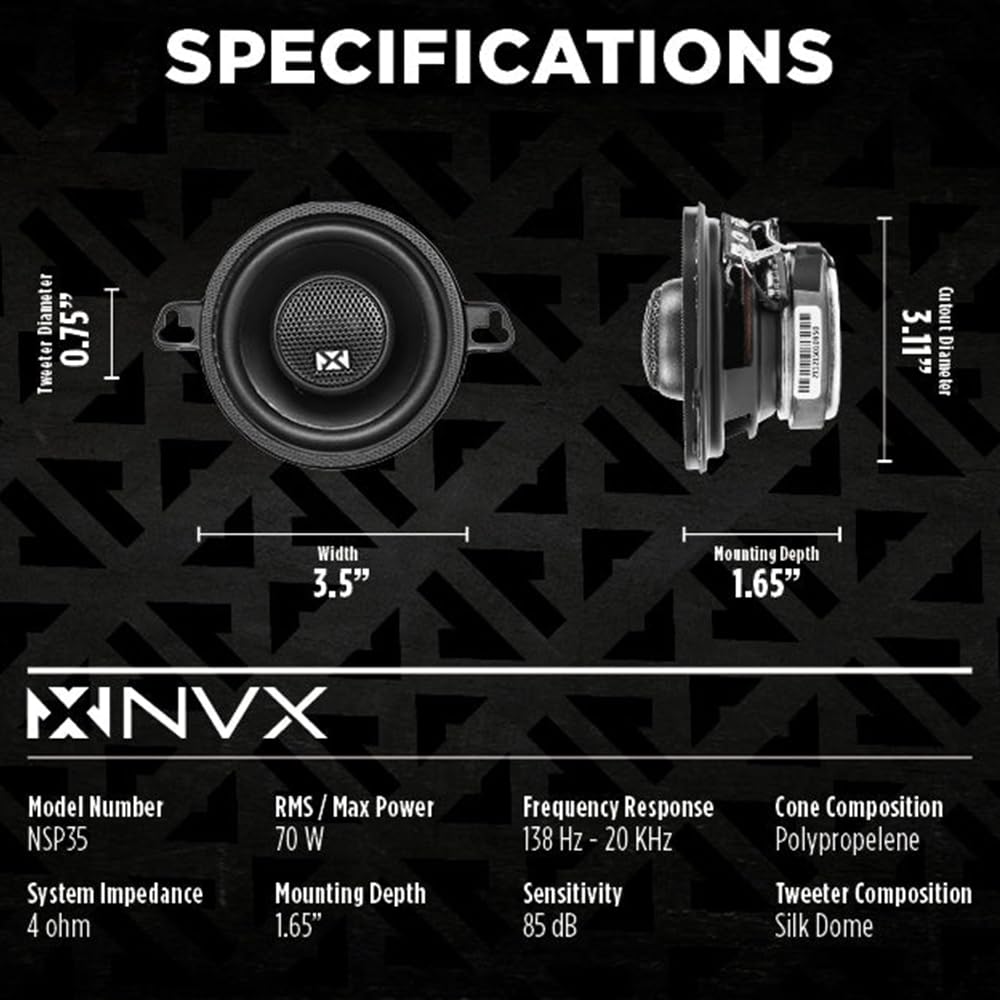 NVX NSP35 3.5" Car Speakers, 200W Max, 70W RMS, 2-Way Coaxial w/Silk Dome Tweeters & Built-in X-Overs, Easy to Install in Cars/Trucks/Doors (Pair)