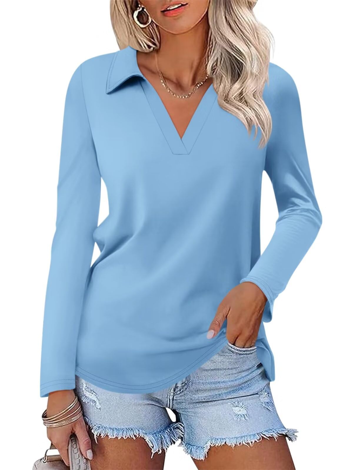 ORANDESIGNE Women's Long Sleeve Polo Shirts Casual Color Block V Neck Tops Fall Collar Ladies Tunics Tees