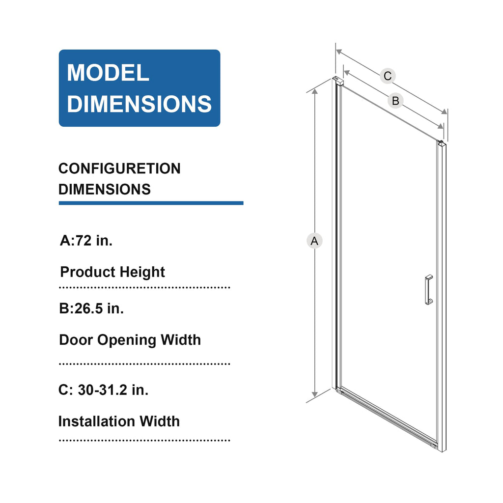28” x 72” Pivot Shower Door, 1/4 inch Tempered Glass Panel Pivot Swing Shower Door in Matte Black Finish, Semi-Frameless Design