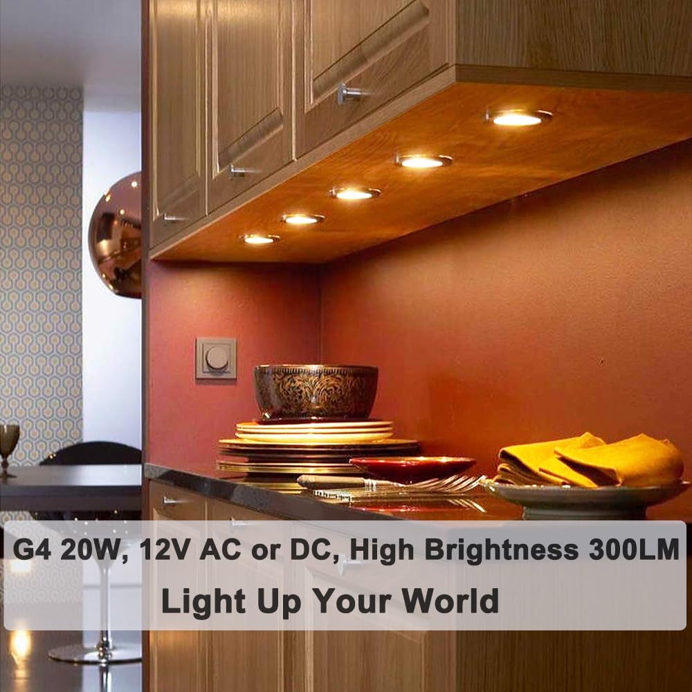 G4 Halogen Bulb, 10 Pack 12V 10W Bi-pin Base, High Output 150LM 3000Hrs Long Lifetime, Dimmable, CRI100 & 2800K Warm White, for Cabinet Light Bulbs