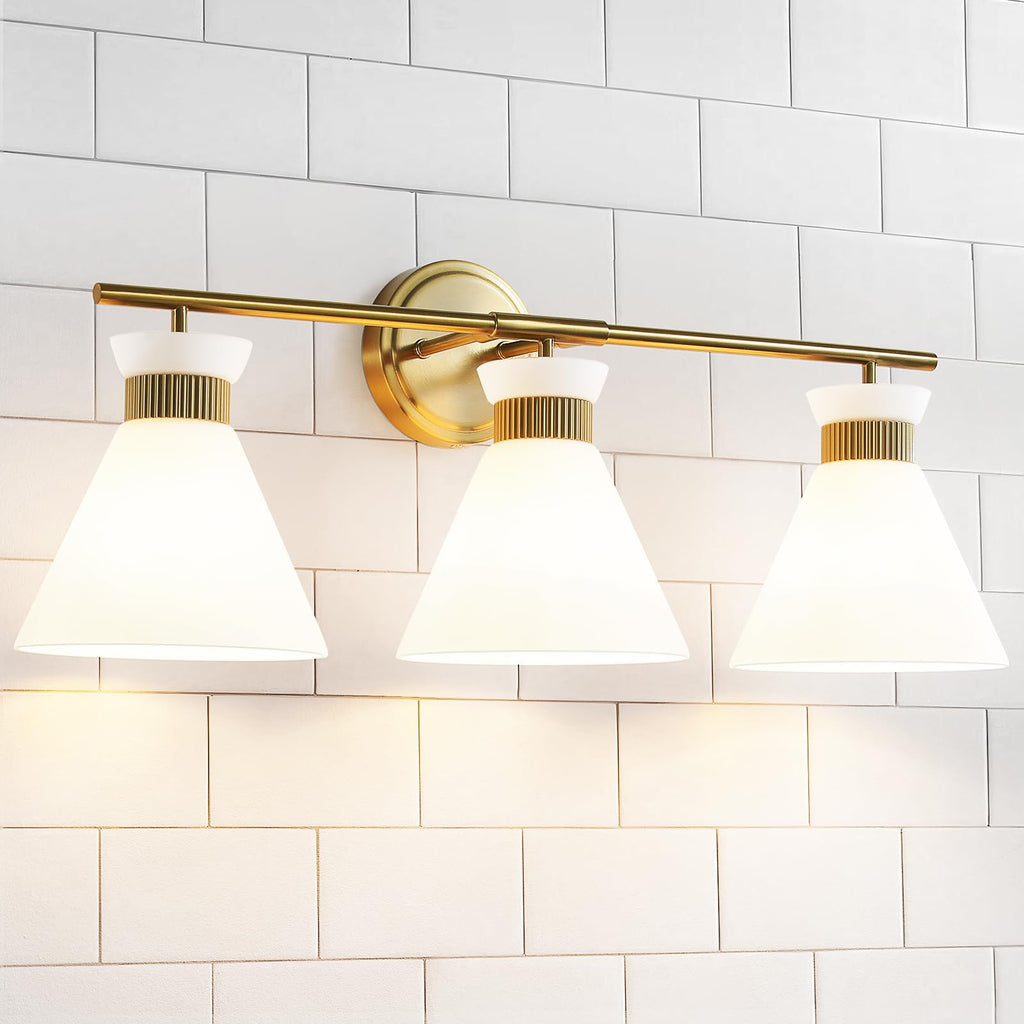 WOSHITU Gold Bathroom Light Fixtures: Modern Vanity Lighting Fixtures 2 Lights for Bathroom Mid Century Vanity Light Sconces Over Mirror with Frosted Milky Glass for Bath Bedroom Makeup