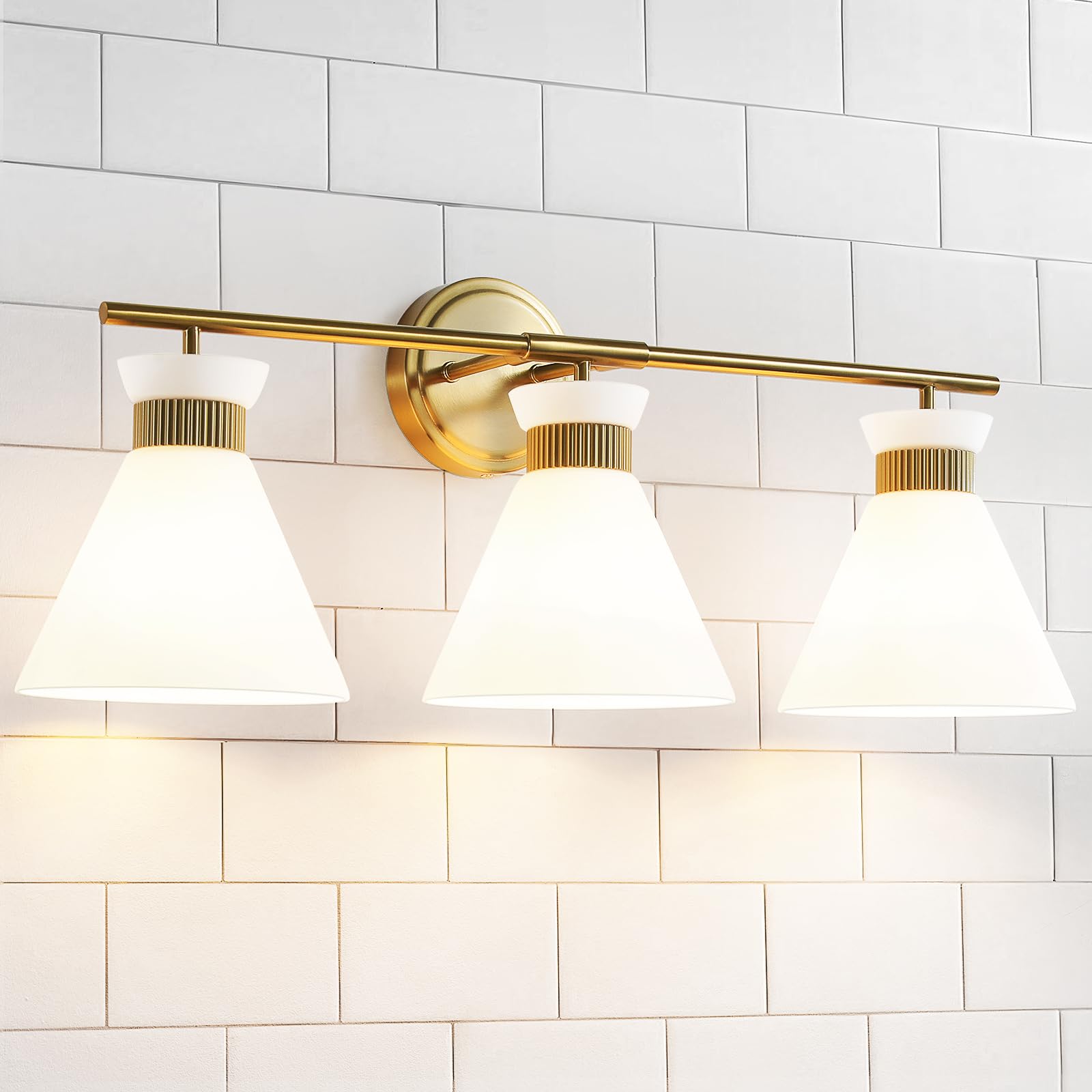 WOSHITU Gold Bathroom Light Fixtures: Modern Vanity Lighting Fixtures 2 Lights for Bathroom Mid Century Vanity Light Sconces Over Mirror with Frosted Milky Glass for Bath Bedroom Makeup