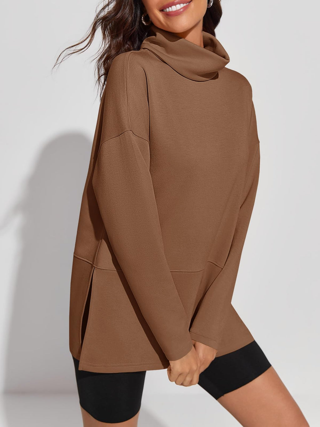 Fisoew Women's Turtleneck Oversized Sweatshirt Casual Long Sleeve Loose Side Slit Pullovers Tunic Tops