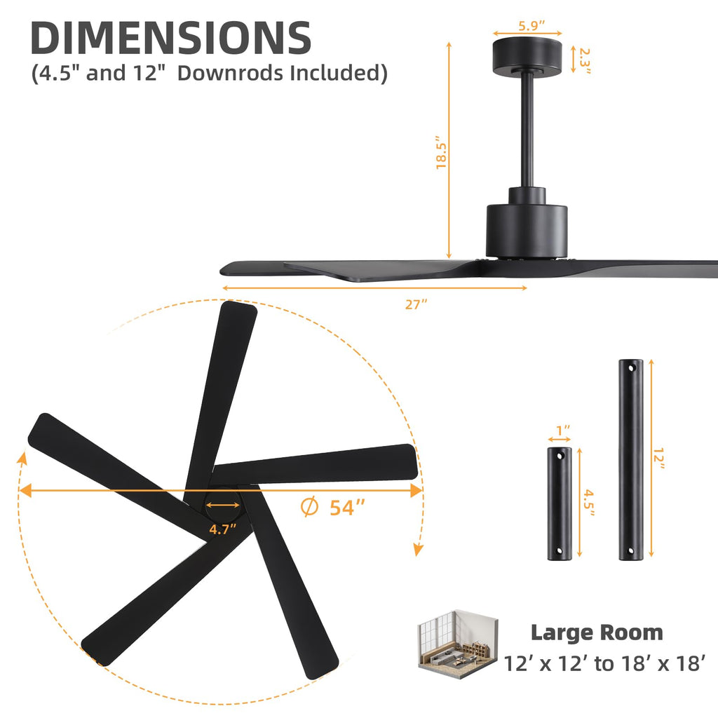 WINGBO 54" ABS DC Ceiling Fan No Light, 5 Blade Wood Grain ABS Ceiling Fan with Remote, 6-Speed Reversible DC Motor, Ceiling Fans without Light for Kitchen Bedroom Living Room, Antique Nickel and Grey