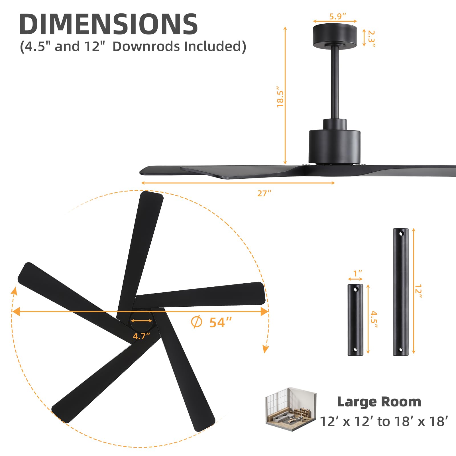 WINGBO 54" ABS DC Ceiling Fan No Light, 5 Blade Wood Grain ABS Ceiling Fan with Remote, 6-Speed Reversible DC Motor, Ceiling Fans without Light for Kitchen Bedroom Living Room, Antique Nickel and Grey