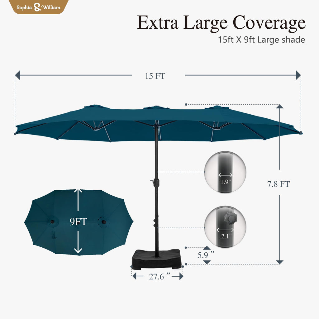 Sophia & William 15 ft Extra Large Patio Umbrella with Base Included, Rectangular Outdoor Umbrella Heavy Duty, Market Umbrella Double-sided Fade Resistant for Pool Garden Backyard, Beige
