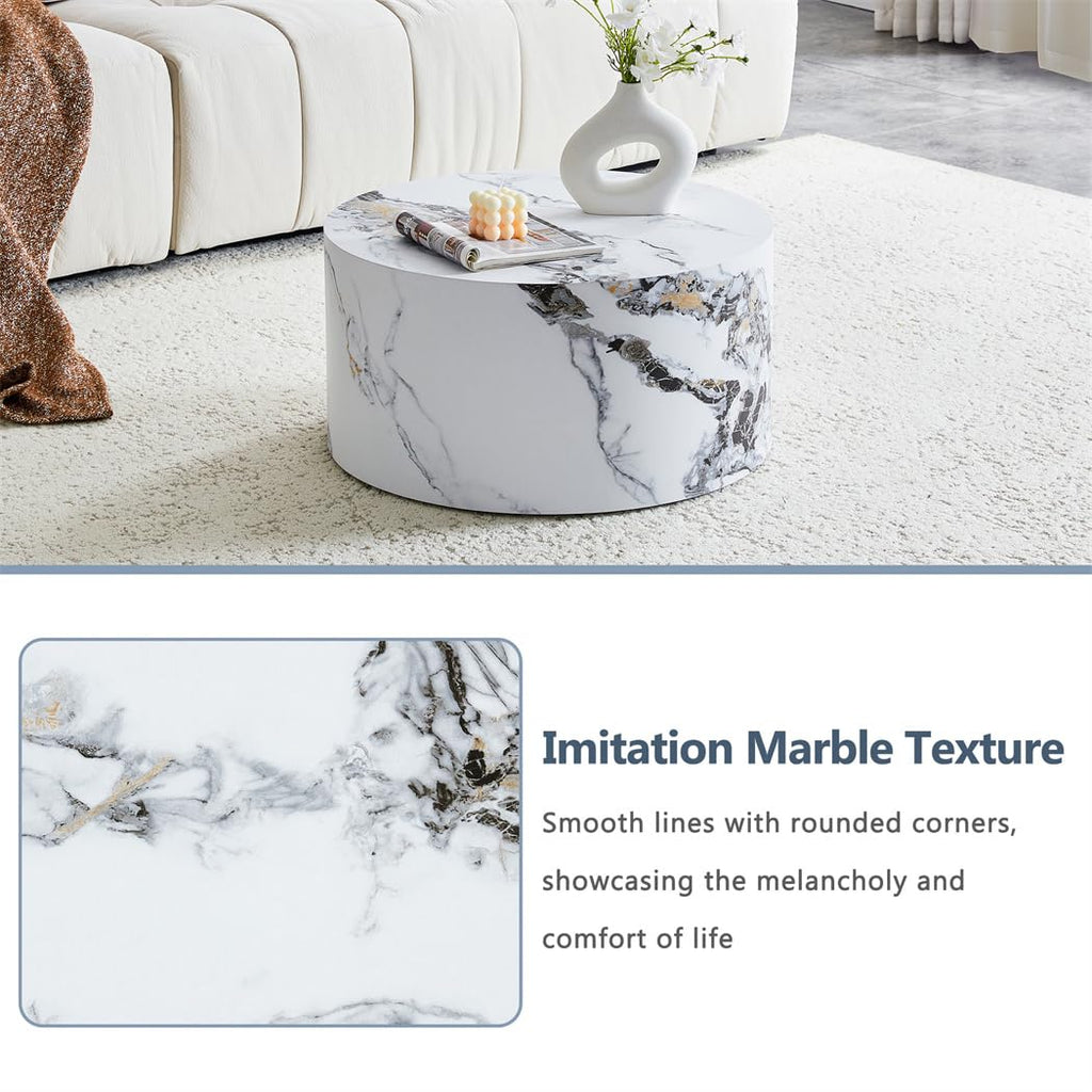 Round Coffee Table, 23.6" Modern Grey Faux Marble Drum Coffee Table, Round Accent Center Table for Living Room Apartment Small Spaces, No Assembly Required