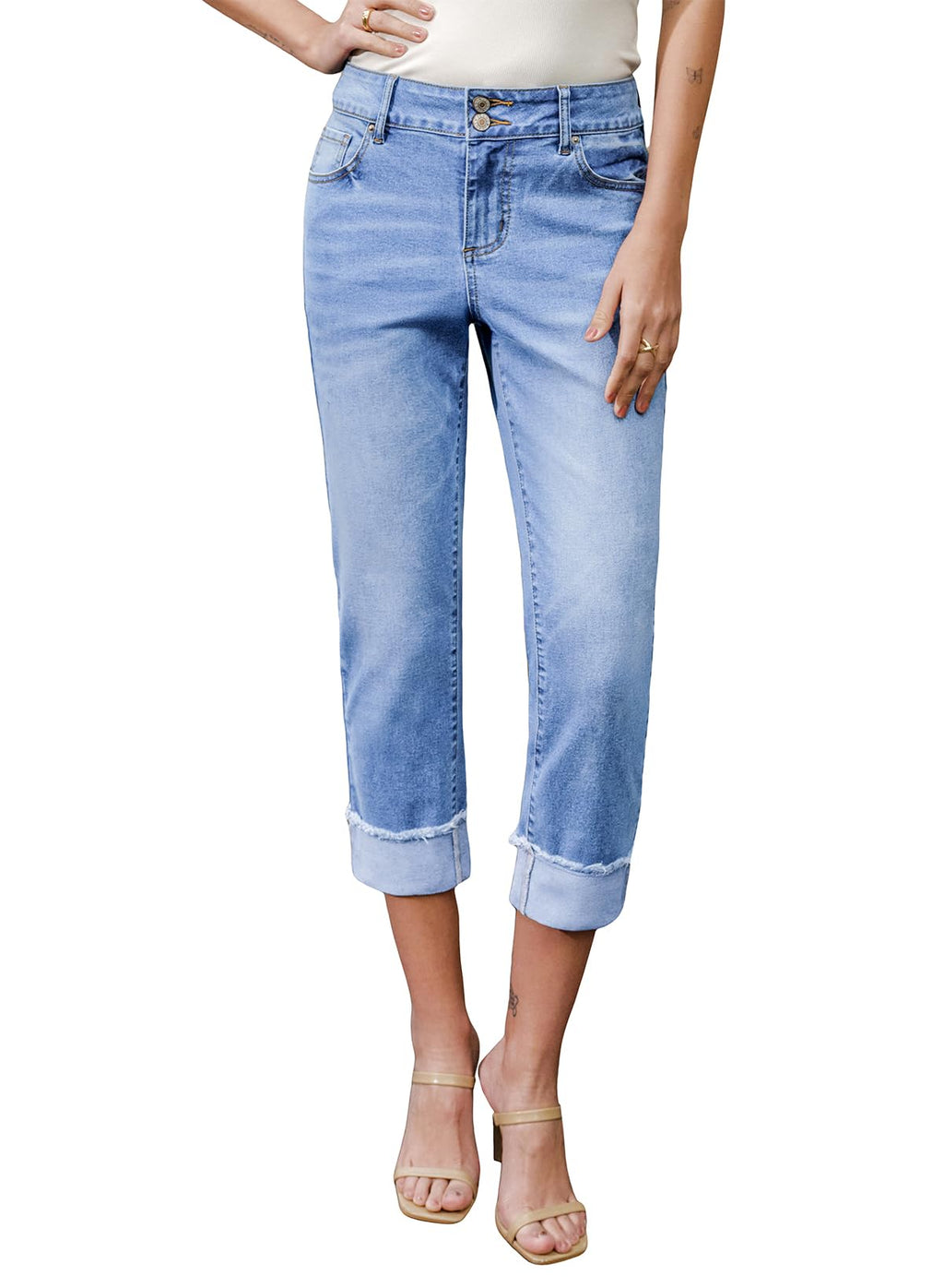 Sidefeel Women's Capri Jeans High Waisted Stretchy Roll-up Skinny Cuffed Cropped Zimbaplatinum Summer Capri Pants