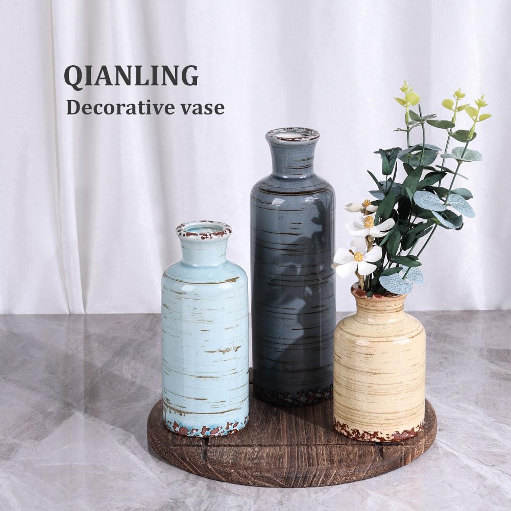 Ceramic Vase Set - 3 Ceramic Small Vases, Farmhouse Country Flower Vase Home Decor, Living Room Decoration, Table Decoration, Fireplace Decor, and Entrance Decorations Centerpieces