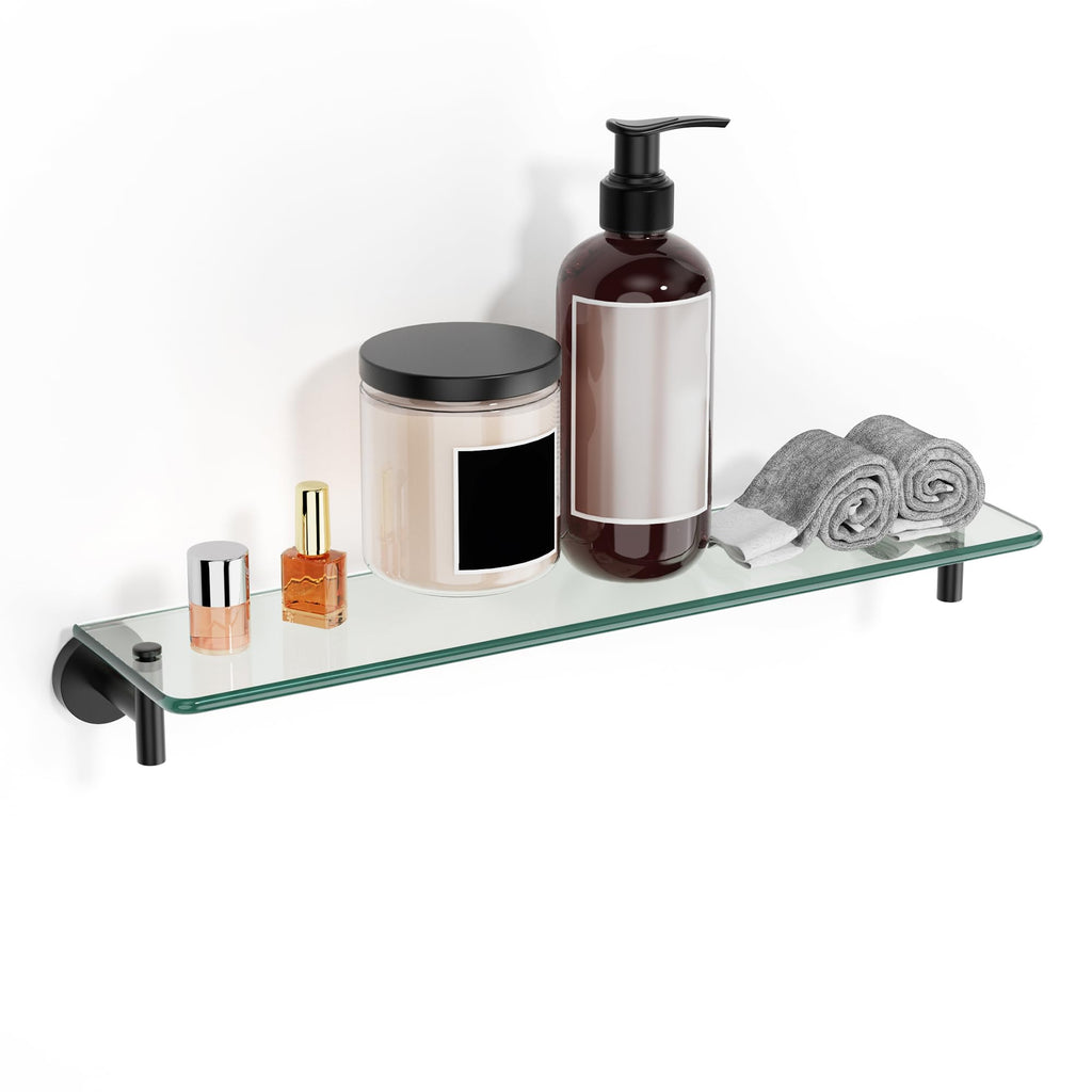 Glass Bathroom Shelves,Brushed Gold Floating Shelves for Wall Rectangular Modern Stainless Steel Glass Shelf for Bathroom Shelves wall Mounted 16 Inch
