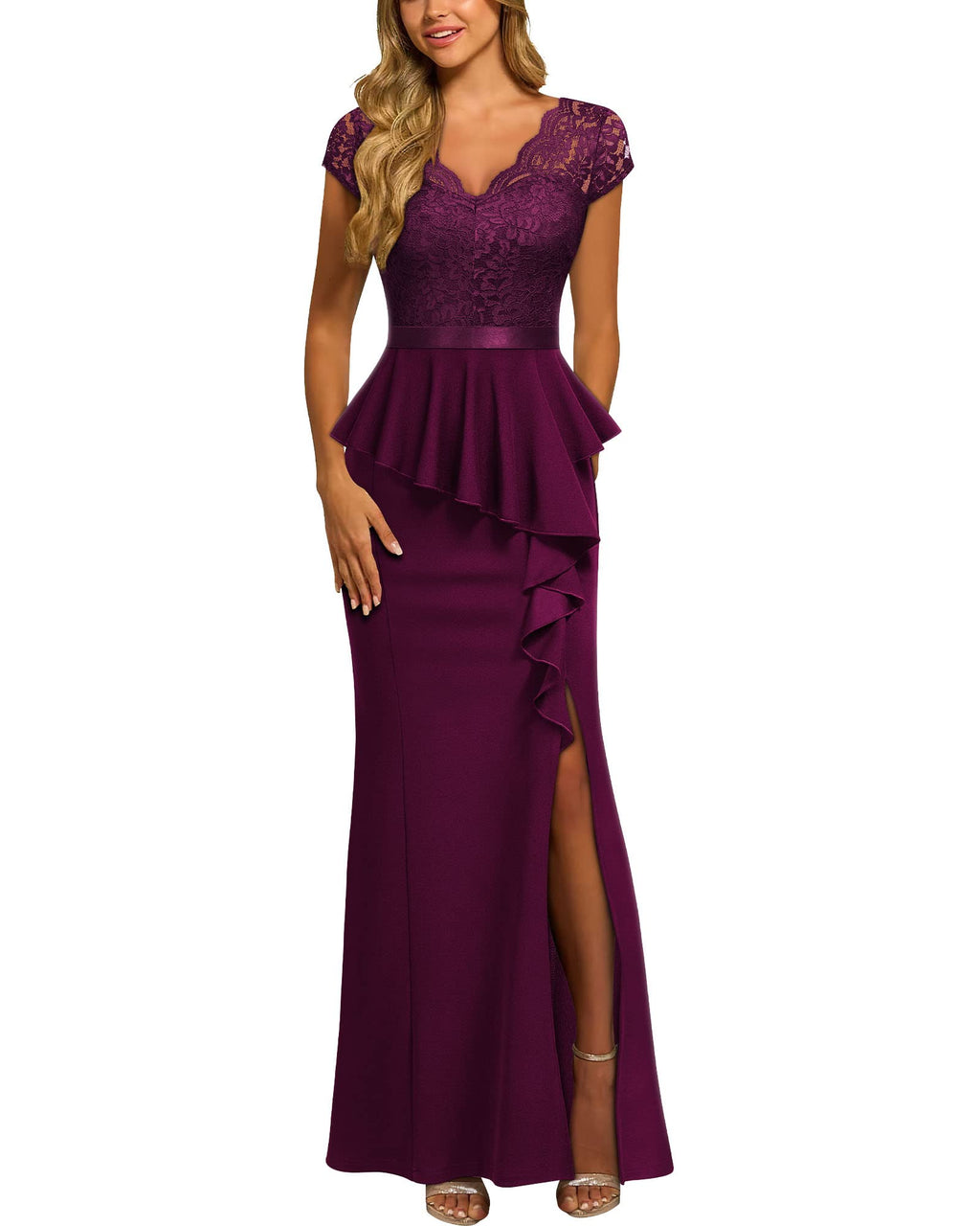 MISSMAY Women's Elegant Floral Lace Ruffle Split Cocktail Party Long Dress