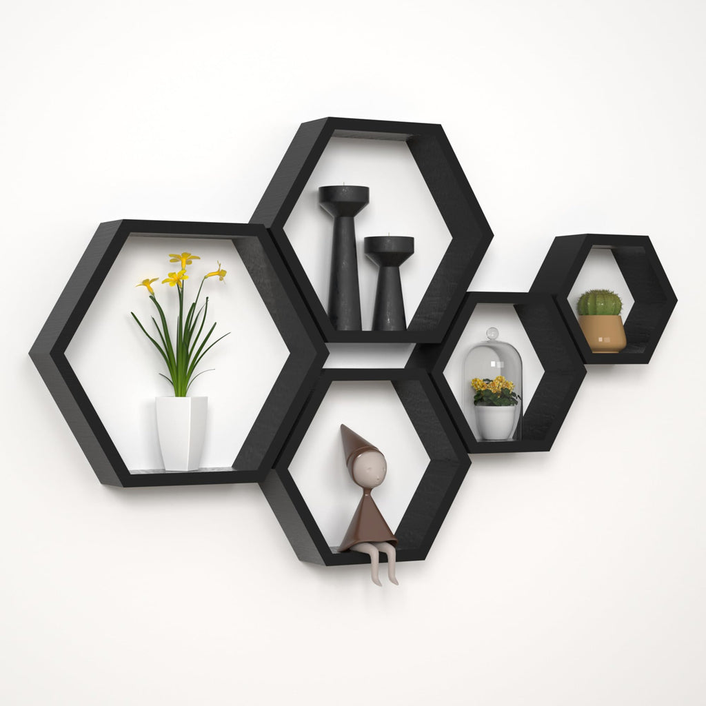 WONFUlity Hexagon Shelves for Wall Mounted, Wood Farmhouse Storage Honeycomb Floating Shelves for Wall Decor,Screws Anchors Included,5pc