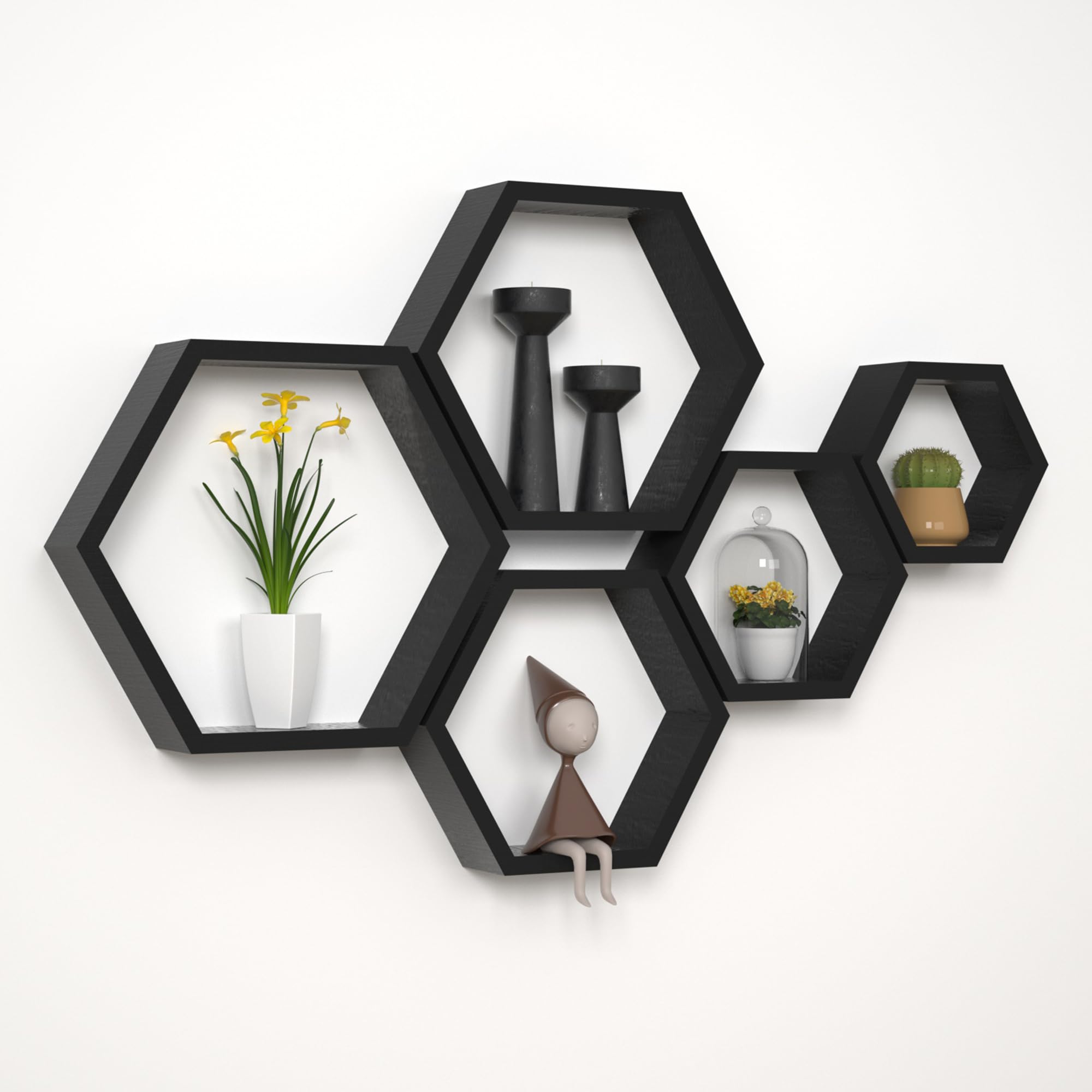 WONFUlity Hexagon Shelves for Wall Mounted, Wood Farmhouse Storage Honeycomb Floating Shelves for Wall Decor,Screws Anchors Included,5pc