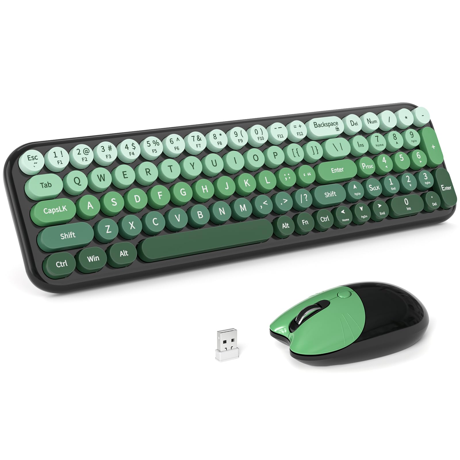 MOFII Wireless Keyboard and Mouse Combo, Compact Typewriter Retro Round Computer Keyboard and Mouse Set, Plug and Play, for Windows, Computer, Desktop, PC, Notebook - Black Green Gradient