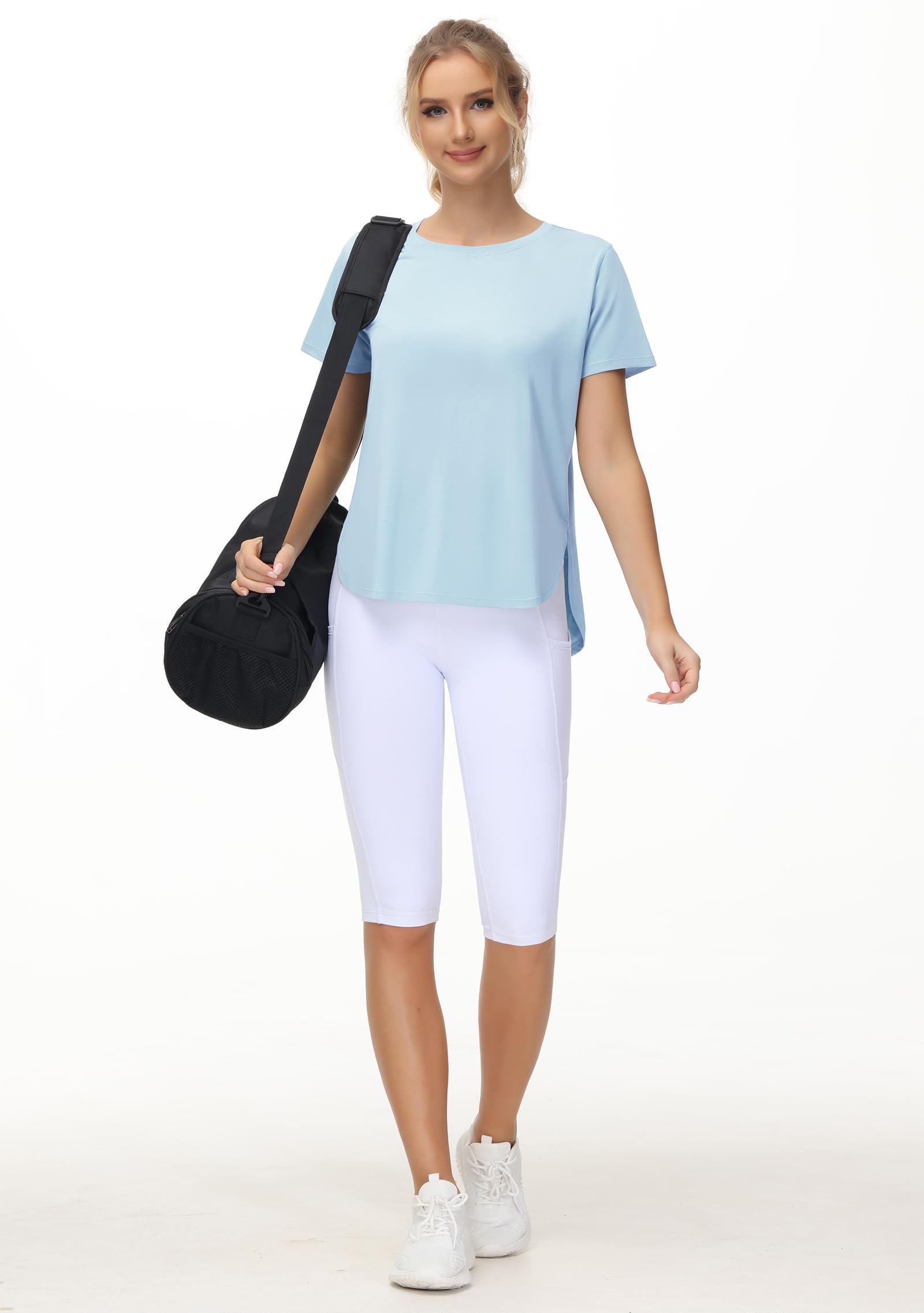 THE GYM PEOPLE Women's Workout T-Shirts Loose Fit Short Sleeve Cotton Running Basic Tee Tops with Split Hem