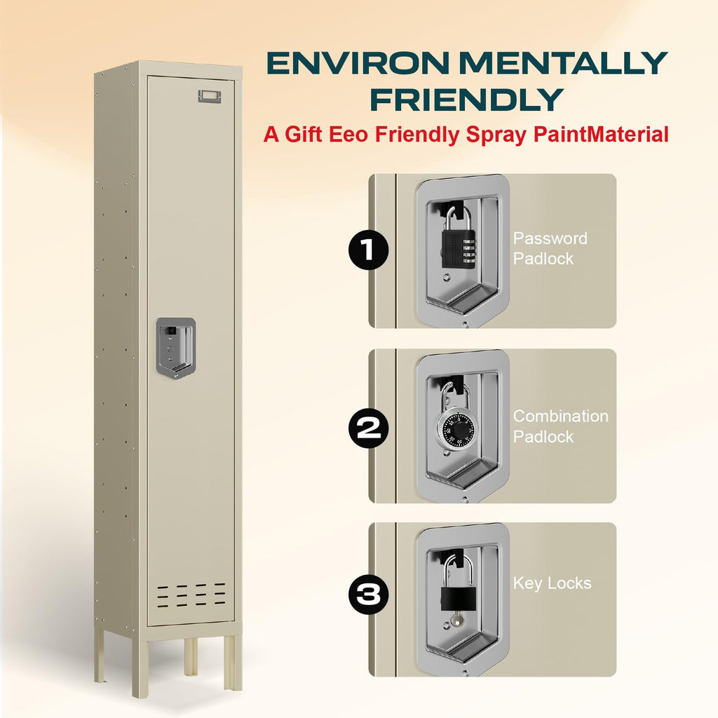 Lockers,Metal Locker, (Beige, 1 Door - (66.15" H x 11.8" W x 11.8" D))