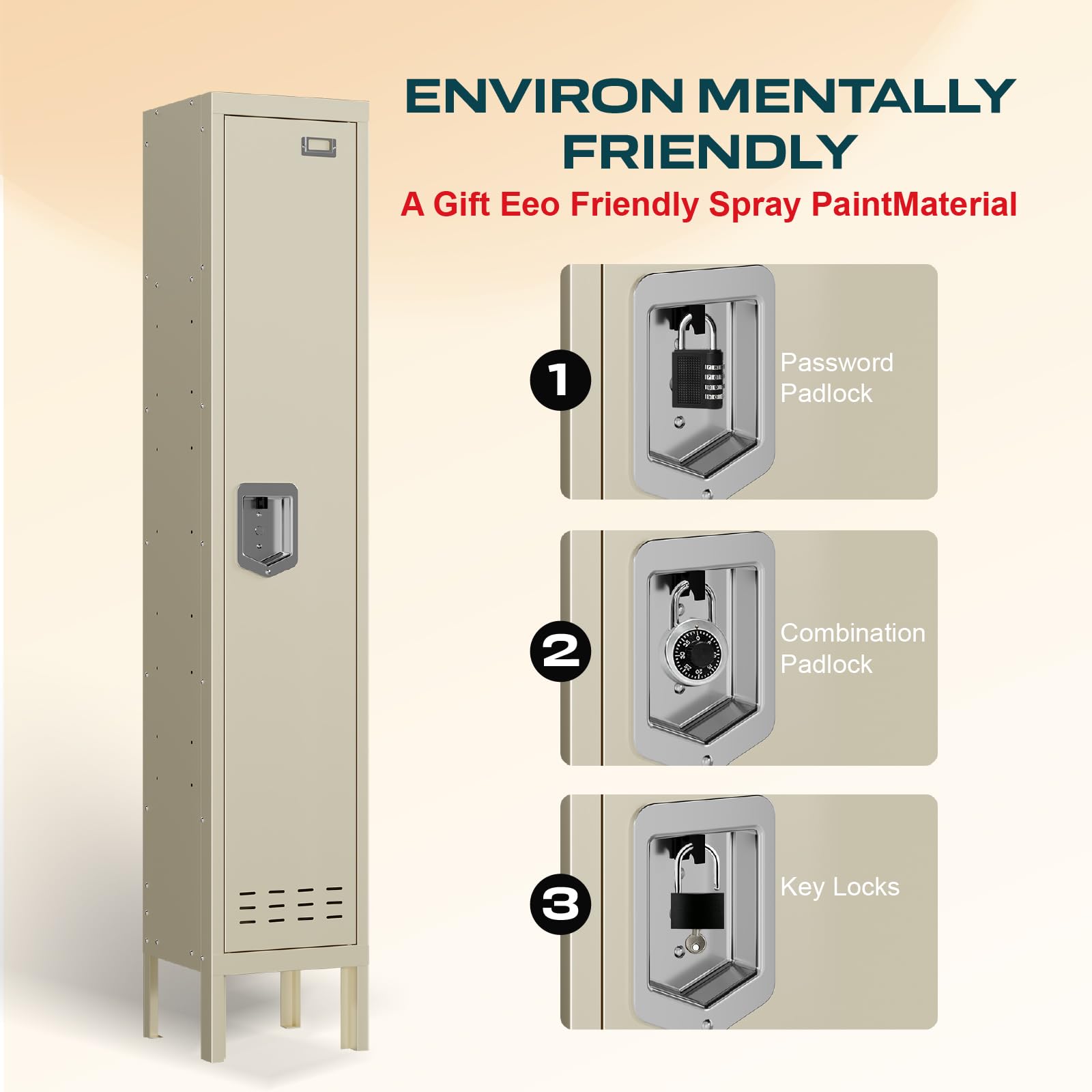 Lockers,Metal Locker, (Beige, 1 Door - (66.15" H x 11.8" W x 11.8" D))