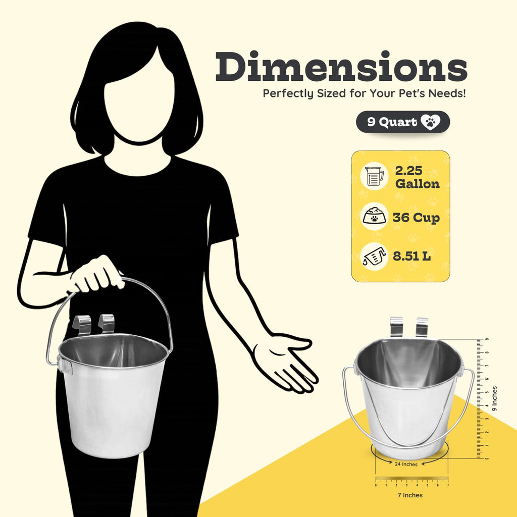 1 quart Stainless Steel Flat Sided Bucket with Dual Hooks | 0.25 gal Durable Food & Water Bowl for Dog Cat Bird & Small Animals | Fits kennel Cage Critter Crate | Hanging Utility Pet Pail