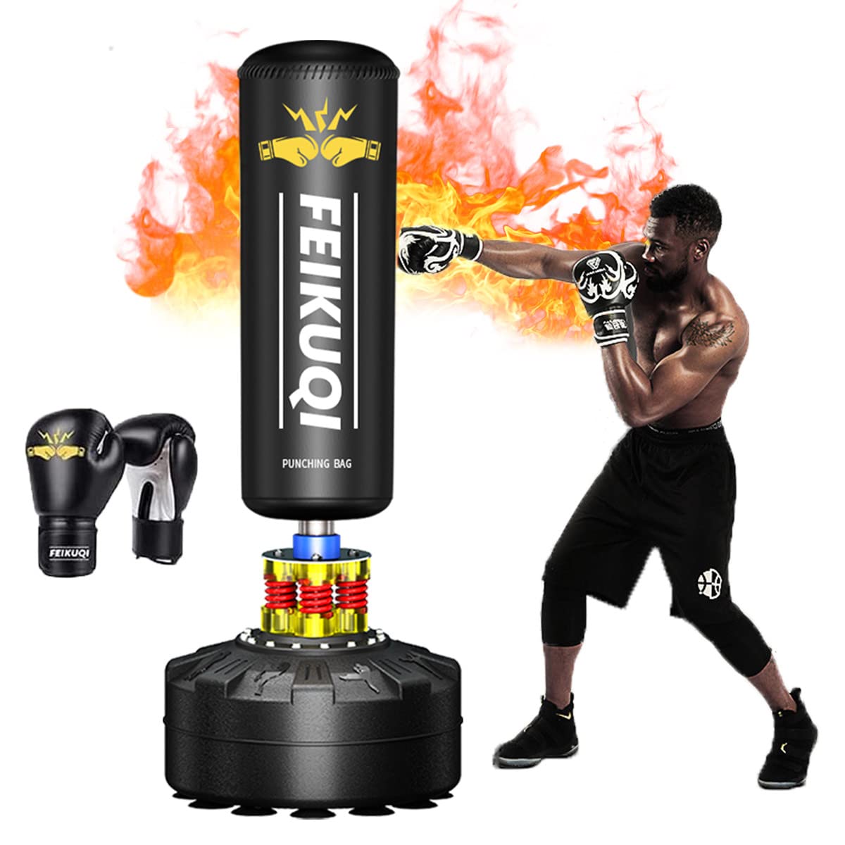 Standing Punching Bag for Adults, Feikuqi 205lbs Heavy Bag for Boxing, Shock Absorber, Suction Cup Base, Stand Up Punching Bag Adult, Standing Kickboxing Bag for Home Office Gym