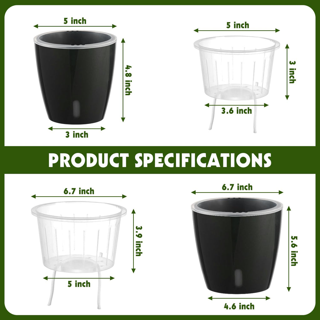 Self-Watering Pots for Indoor Plants, 16-Pack Self Watering Planter with Drainage Holes, Small African Violet Pots with Water Indicator, 10-Pack 5''/6-Pack 6.7'' Orchid Pot, Black