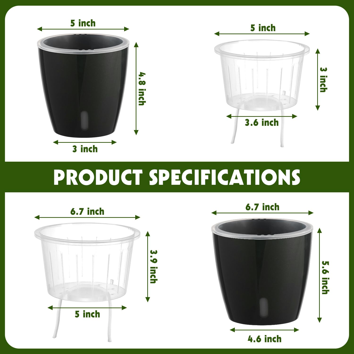 Self-Watering Pots for Indoor Plants, 16-Pack Self Watering Planter with Drainage Holes, Small African Violet Pots with Water Indicator, 10-Pack 5''/6-Pack 6.7'' Orchid Pot, Black