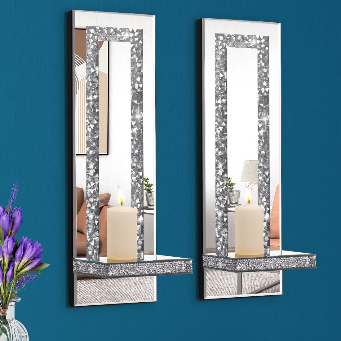 Aeveco Crystal Crush Diamond Mirrored Candle Sconces, Silver Wall Candle Holder Set of 2, Wall Decorations for Living Room，Dining Room (Rectangle (Style 4))