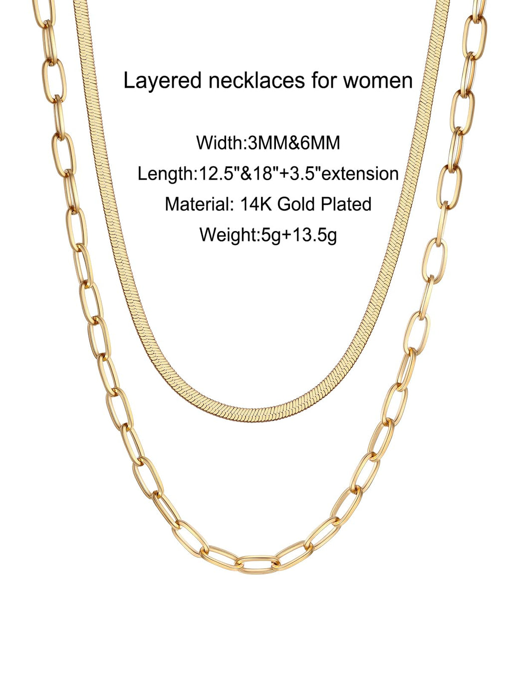 FOCALOOK 14K Gold Plated Necklaces for Women, Fashion Herringbone Choker Necklace Stainless Steel Flat Snake Chain 3/5MM(W) 12.5"/15"/18"+3.5"(L)