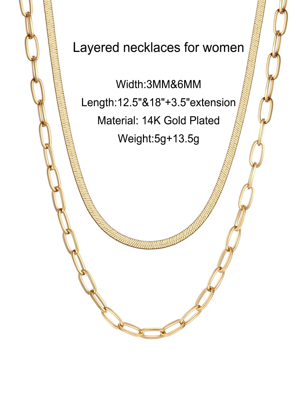 FOCALOOK 14K Gold Plated Necklaces for Women, Fashion Herringbone Choker Necklace Stainless Steel Flat Snake Chain 3/5MM(W) 12.5"/15"/18"+3.5"(L)
