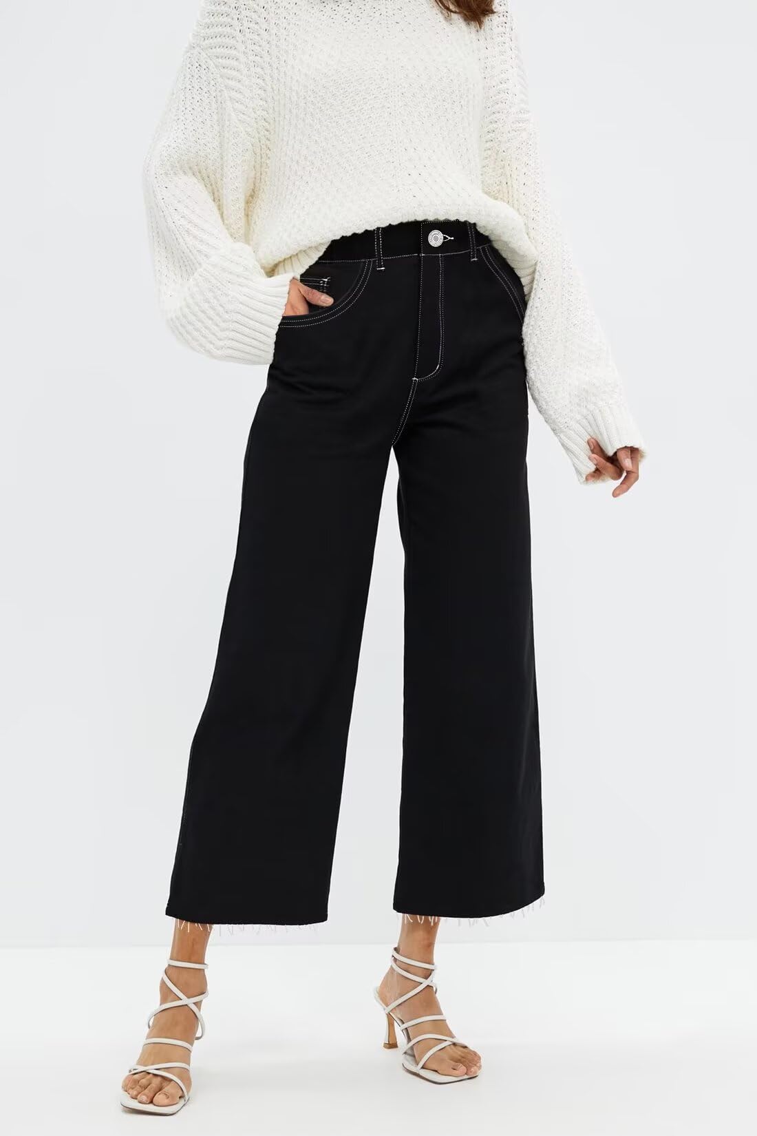 Allimy Women's High Waisted Straight Ankle Wide Leg Ripped Jeans Frayed Hem Stretchy Capri Denim Pants